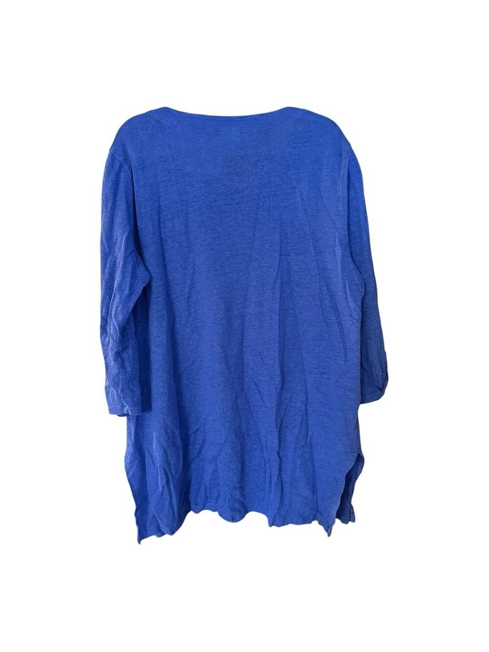 Chico’s 100% Linen V Neck Indigo Blue Roll Tab 3 Quarter Sleeve Top - Picture 3 of 8